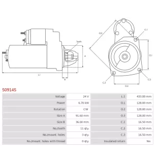 Démarreur 24V 6.70kW 11 dents AS-PL UD100735S, BOSCH 0001371009, SCANIA 1386807, CASCO CST10760AS, CST10760GS