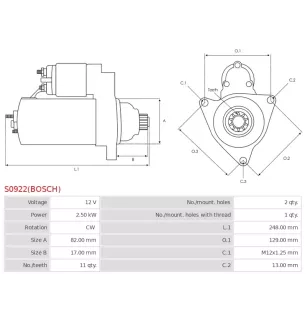 Démarreur 12V 2.50kW 11 dents AS-PL UD813829(BOSCH)S, BOSCH 0001125625