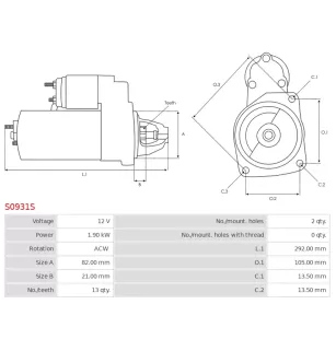 Démarreur 12V 1.90kW 13 dents AS-PL UD101803S, BOSCH 0001354106, 0001366010, CARGO 115324, DELCO DRS1215