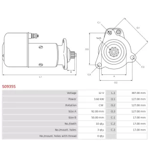 Démarreur 12V 3.60kW 10 dents AS-PL UD101808S, BOSCH 0001418017, DELCO 19024091, ISKRA / LETRIKA 11.139.144, AZK5491