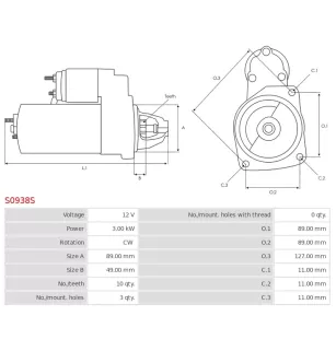 Démarreur 12V 3.00kW 10 dents AS-PL UD90803S, BOSCH 0001230030