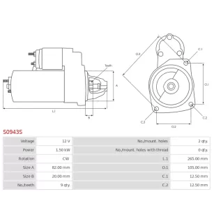 Démarreur 12V 1.50kW 9 dents AS-PL UD90737S, BOSCH 0001314017