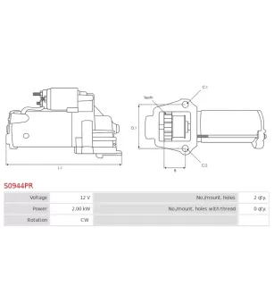Démarreur 12V 2.00kW Remplace BOSCH 00010DB94E, 0001105205, 0001109205, 0001109304, 0001109305