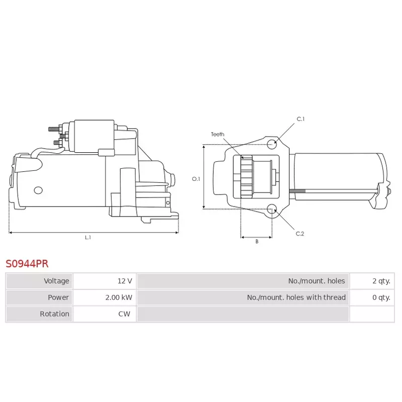 Démarreur 12V 2.00kW Remplace BOSCH 00010DB94E, 0001105205, 0001109205, 0001109304, 0001109305