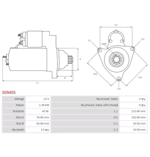 Démarreur 12V 1.30kW 13 dents AS-PL UD102161S, BOSCH 0001177400