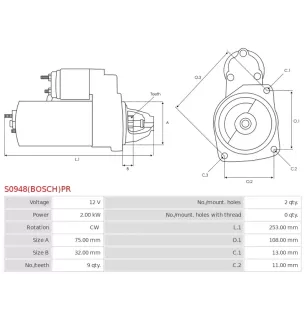 Démarreur 12V 2.00kW 9 dents AS-PL UD03779(BOSCH)PR, BOSCH 0986028040