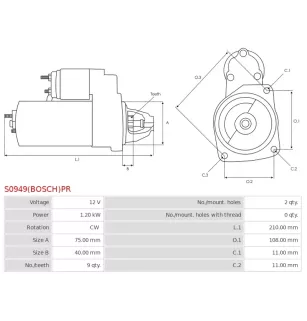 Démarreur 12V 1.20kW 9 dents AS-PL UD03778(BOSCH)PR, BOSCH 0986026090