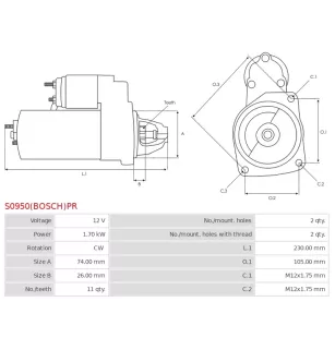 Démarreur 12V 1.70kW 11 dents AS-PL UD03780(BOSCH)PR, BMW 12417823314