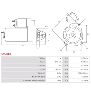 Démarreur 12V 0.90kW 9 dents BOSCH 0001112007, 0001112019, 0986013850