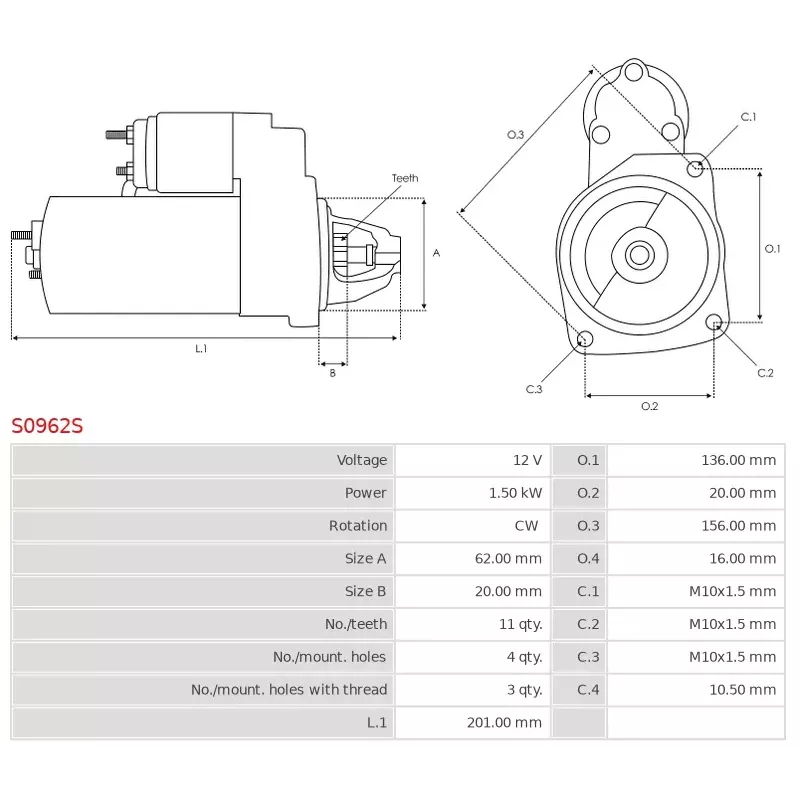 Démarreur 12V 1.50kW 11 dents AS-PL UD102080S, BOSCH 0001170664, 0001170665, 0001170683, MERCEDES 2829061100