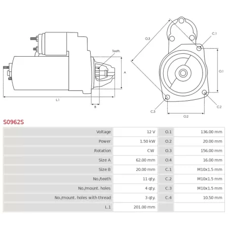 Démarreur 12V 1.50kW 11 dents AS-PL UD102080S, BOSCH 0001170664, 0001170665, 0001170683, MERCEDES 2829061100