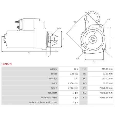 Démarreur 12V 2.50kW 9 dents AS-PL UD102287S, BOSCH 0001109365, 1986S00742, IVECO 5801287850, 69503857