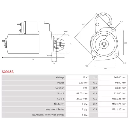 Démarreur 12V 2.30kW 9 dents AS-PL UD102285S, BOSCH F000AL0143, F000AL0149, CARGO 112441, F032112441