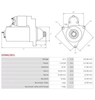 Démarreur 12V 1.70kW 10 dents AS-PL UD03962(SEG)S, BOSCH 0001123012, 0986020250, 1986S00797, F032113842