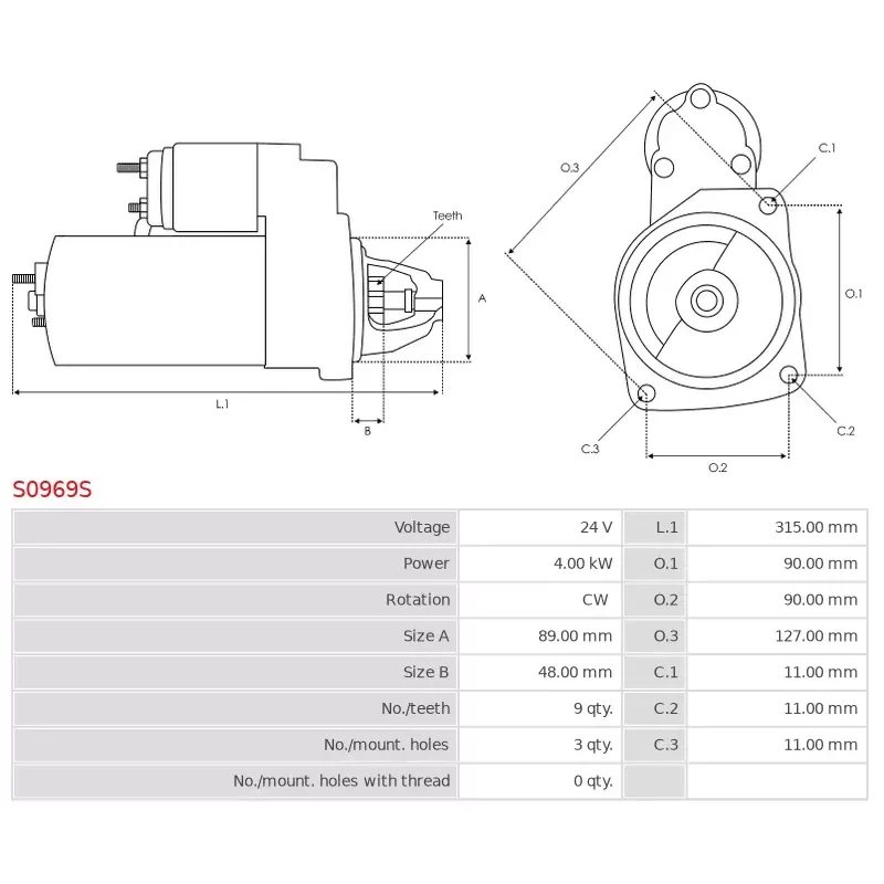 Démarreur 24V 4.00kW 9 dents AS-PL UD102332S, BOSCH 0001231003, 0001263060, 0986017990, 0986017991