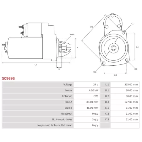 Démarreur 24V 4.00kW 9 dents AS-PL UD102332S, BOSCH 0001231003, 0001263060, 0986017990, 0986017991