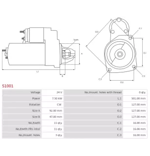 Démarreur 24V 7.50kW 11 dents AS-PL S1001, UD12390S, CARGO 111000, CASE 121555C91, CATERPILLAR 0R2187