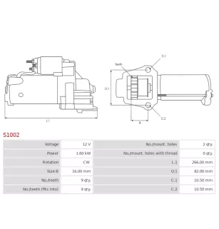 Démarreur 12V 1.60kW 9 dents AS-PL S1002, DELCO 10455010, 10455025, 10455048, 10455053