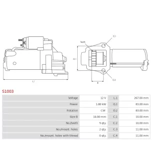 Démarreur 12V 1.80kW 9 dents AS-PL S1003, CARGO 111034, DELCO 10455011