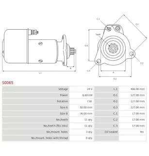 Démarreur 24V 6.60Kw 11 dents DELCO 19024076, 19024077 , 35037VL, DRS3450, DRS7250