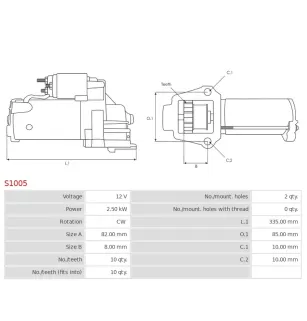 Démarreur 12V 2.50kW 10 dents AS-PL S1005, CARGO 112341, DELCO 10465013, 10465053, 10465054