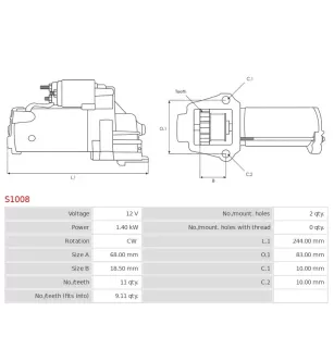 Démarreur 12V 1.40kW 11 dents AS-PL S1008, BOSCH F042003047, CARGO 111786, 112239, 115985