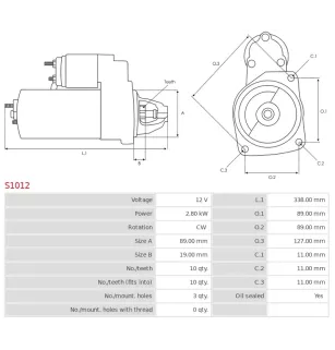 Démarreur 12V 2.80kW 10 dents AS-PL S1012, CARGO 111222, DELCO 1109540, 1113288, 1998292