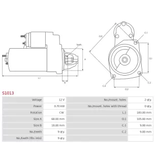 Démarreur 12V 0.70kW 9 dents AS-PL S1013, BMW 12411350246, BOSCH 0001157024, 0001157028, 0986010030
