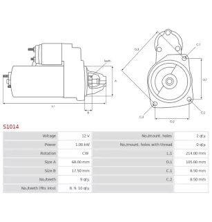 Démarreur 12V 1.00kW 9 dents AS-PL S1014, UD02072S, BOSCH 0986014860