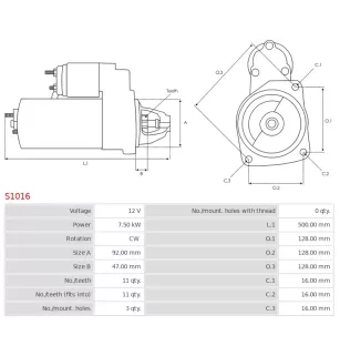 Démarreur 12V 7.50kW 11 dents AS-PL S1016, CARGO 113153, CATERPILLAR 0R5347, 3T2879, 3T3154