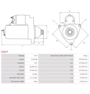 Démarreur 24V 6.2kW 12 dents AS-PL S1017, BOSCH 0001372006, 0986018370