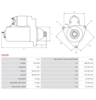 Démarreur 12V 6.2kW 12 dents AS-PL S1018, CARGO 113917, DELCO 10461773