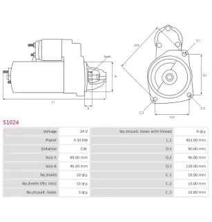 Démarreur 24V 4.50kW 10 dents AS-PL S1024, CARGO 112169, 112187, CASE A169694, CUMMINS 3908594