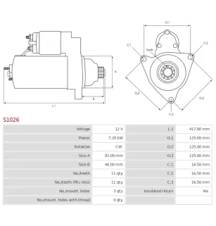 Démarreur 12V 7.20kW 11 dents AS-PL S1026, DELCO 19011518, 19011521, 19011529, 19011530