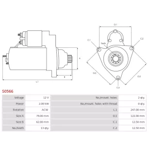 Démarreur 12V 2.00KW 13 dents VW 0AM911021B, 0AM911021BX, 0AM911021E, 0AM911021EX, 0AM911023F, 0AM911023FX