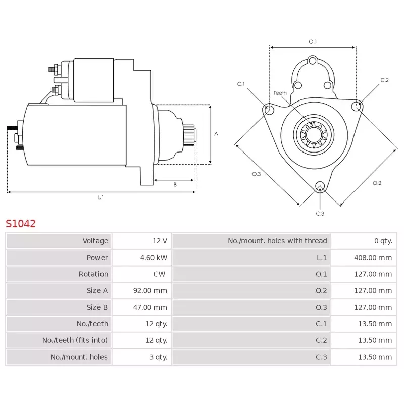 Démarreur 12V 4.60Kw 12 dents DELCO 8200217, CARGO 114498, PRESTOLITE M105R2502SE, 3EFFE STRL868, ELECTROLOG STR2168