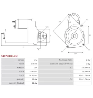 Démarreur 12V 1.70kW 11 dents AS-PL UD02652S, DELCO 8000259, 8000636