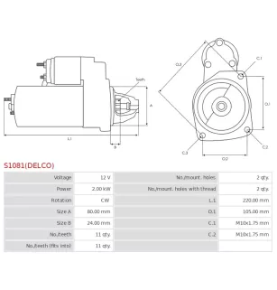 Démarreur 12V 2.00kW 11 dents AS-PL UD02311S, UD02654S, CARGO 115626, DELCO 8000269, 8000530