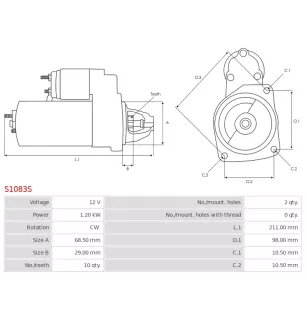 Démarreur 12V 1.20kW 10 dents AS-PL S1083S, UD19289S, DELCO 8000222, DRS0903, DS2013