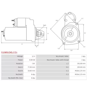 Démarreur 12V 0.90kW 8 dents AS-PL S1085(DELCO) UD02056S, BOSCH F00E100559, DELCO 25915, 8000175