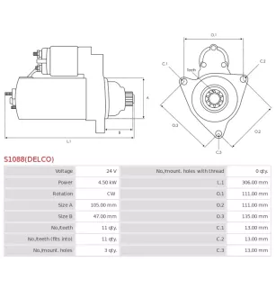 Démarreur 24V 4.50kW 11 dents AS-PL S1088(DELCO), UD02085S