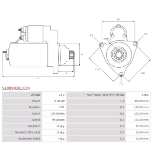 Démarreur 24V 6.00kW 11 dents AS-PL S1089(DELCO), UD02088S