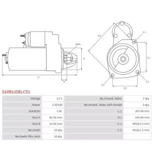 Démarreur 12V 2.20kW 10 dents AS-PL UD02084S, DELCO DRS0617