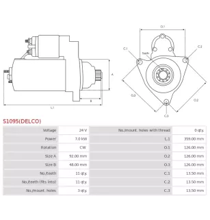 Démarreur 24V 7.0kW 11 dents AS-PL UD02094S, DELCO 19080035, 8200589, DRS0975N, DOOSAN 300516-00020