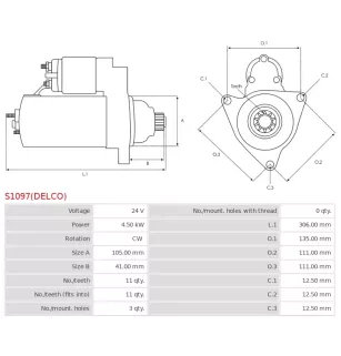 Démarreur 24V 4.50kW 11 dents AS-PL UD02086S, DAEWOO 300516-00003, 300516-00015, 300516-00041, 300516-00041A