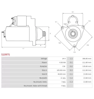 Démarreur 24V 4.50kW 11 dents AS-PL S1097S, UD18485S, DAEWOO 300516-00003, 300516-00015, 300516-00041