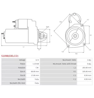 Démarreur 12V 1.10kW 9 dents AS-PL S1098(DELCO), BOSCH 00010DA12E, 0986023660, CARGO 114298, CHEVROLET 24106343