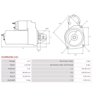 Démarreur 12V 1.40kW 9 dents AS-PL UD02075S, DELCO 96876187