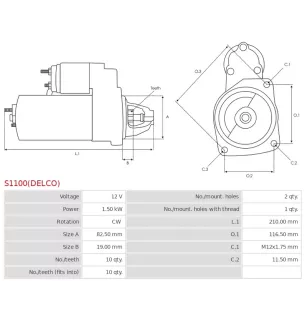 Démarreur 12V 1.50kW 10 dents AS-PL UD02080S, CHEVROLET 96294039, DELCO 8000225, 8000307, 96473783