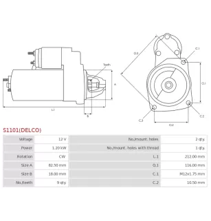 Démarreur 12V 1.20kW 9 dents AS-PL S1101(DELCO), BOSCH 0001107034